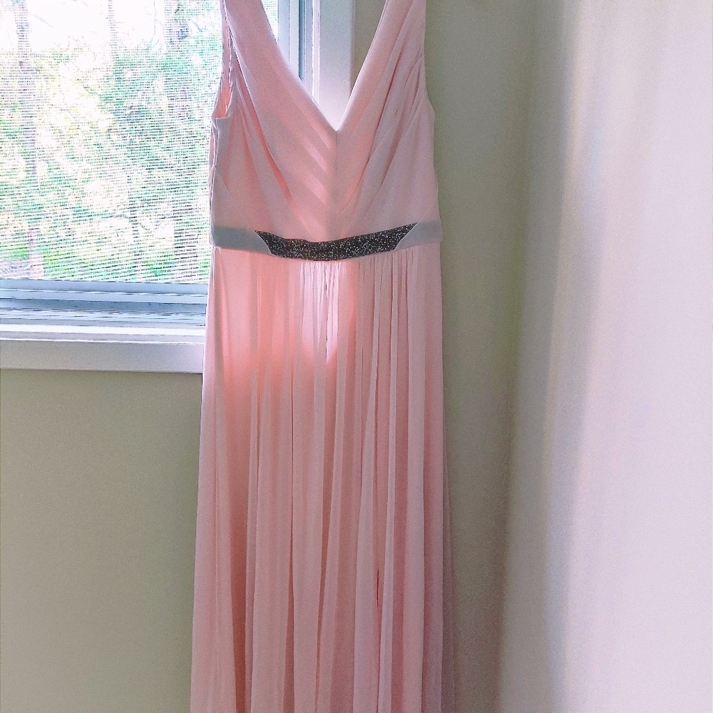 Davids Bridal Long Mesh Bridesmaid Dress with V-Neck and Beaded Waistband Style